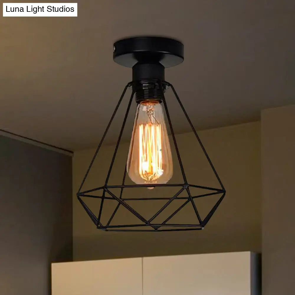 Industrial Style Single Head Iron Semi Flush Mount Ceiling Light - Black Cage Diamond Accent For