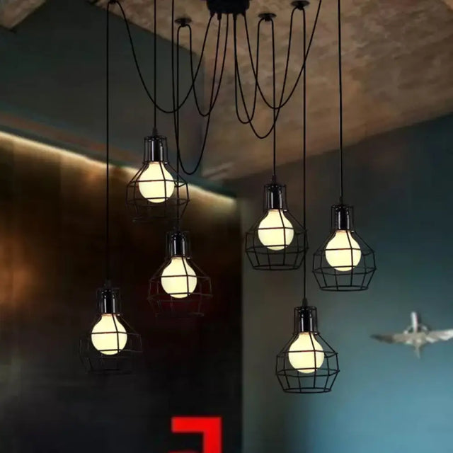 Industrial Style Spider Pendant Hanging Light - 6 Bulbs Black/Gold Iron Dining Room Ceiling Lamp