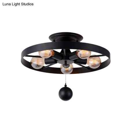 Industrial Style Wheel Semi Flush Light With Ball Accents - 5 - Light Metal Ceiling Fixture Black