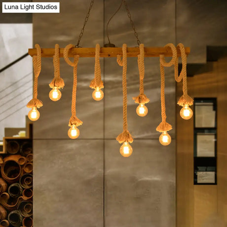 Industrial-Style Wood Beige Island Chandelier - 8-Light Linear Pendant Lamp For Dining Room