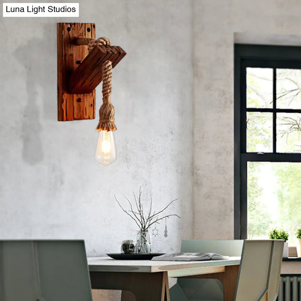 Industrial Style Wood Wall Sconce With Exposed Bulb And Rope Detail - Perfect For Bedroom Lighting