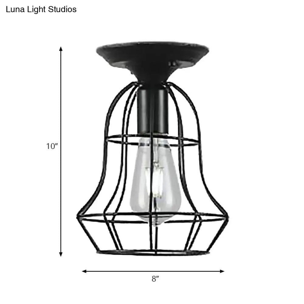 Industrial Stylish Black Iron Ceiling Lamp - Oval/Bell Cage Design 1 Head Semi Flush Pendant Light