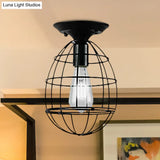 Industrial Stylish Black Iron Ceiling Lamp - Oval/Bell Cage Design 1 Head Semi Flush Pendant Light
