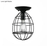 Industrial Stylish Black Iron Ceiling Lamp - Oval/Bell Cage Design 1 Head Semi Flush Pendant Light