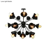Industrial Stylish Metal Hanging Lamp With Sputnik Design - Cone Shade 9/12/15 Lights Black