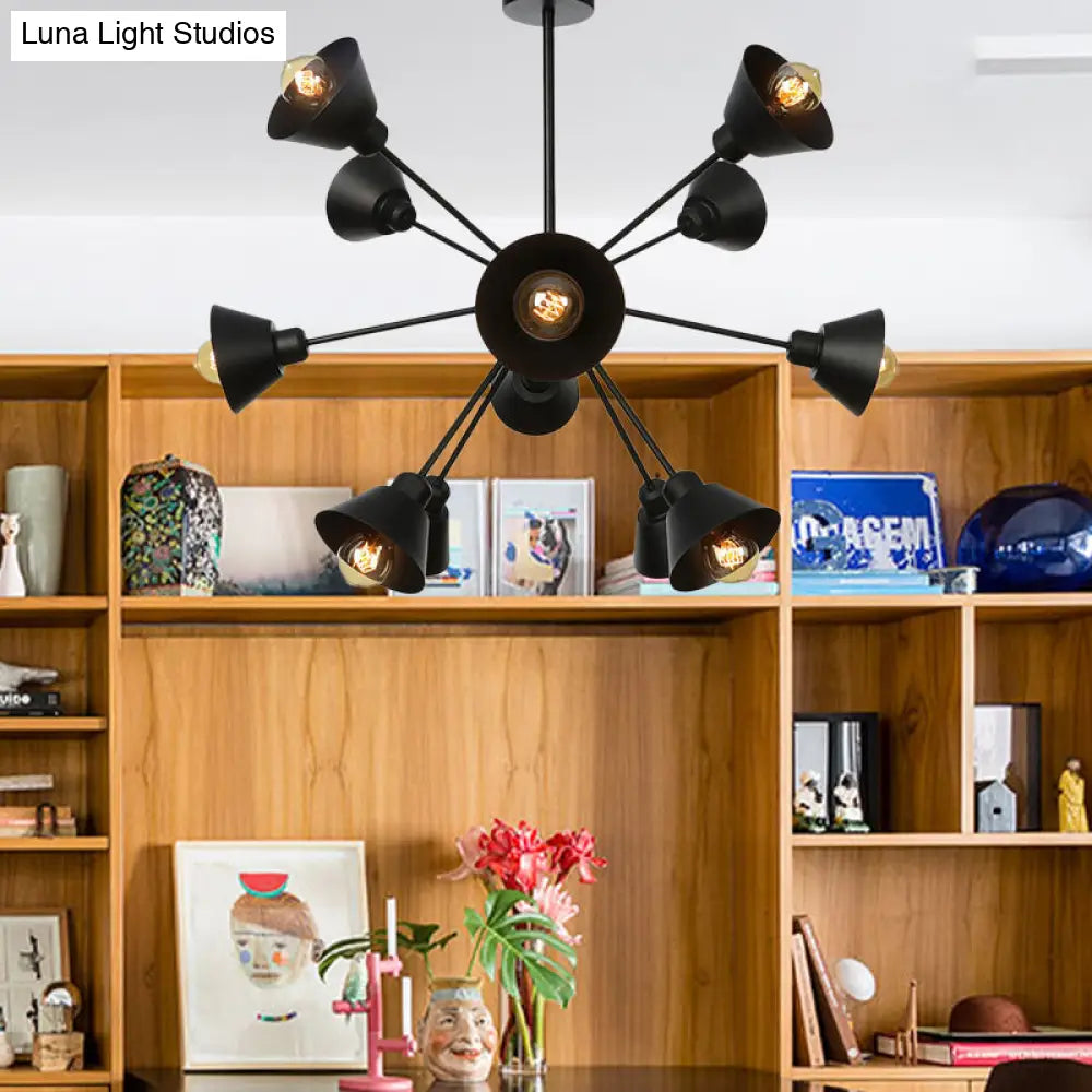 Industrial Stylish Metal Hanging Lamp With Sputnik Design - Cone Shade 9/12/15 Lights Black