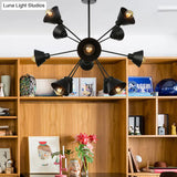 Industrial Stylish Metal Hanging Lamp With Sputnik Design - Cone Shade 9/12/15 Lights Black