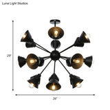 Industrial Stylish Metal Hanging Lamp With Sputnik Design - Cone Shade 9/12/15 Lights Black