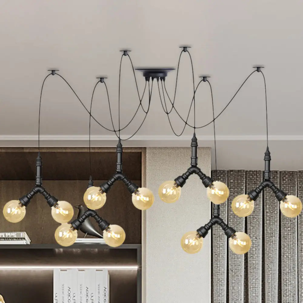 Industrial Swag Pendant Light - Amber Glass Globe Multiple Ceiling Lights Led Black Finish Perfect