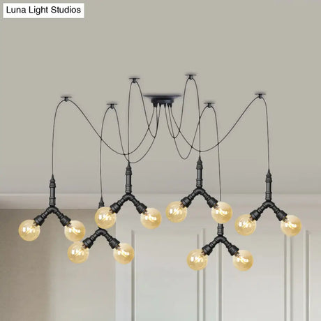 Industrial Swag Pendant Light - Amber Glass Globe Multiple Ceiling Lights Led Black Finish Perfect