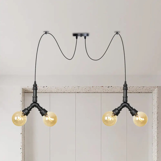 Industrial Swag Pendant Light - Amber Glass Globe Multiple Ceiling Lights Led Black Finish Perfect