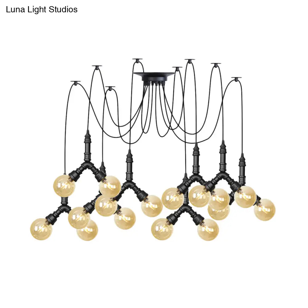 Industrial Swag Pendant Light - Amber Glass Globe Multiple Ceiling Lights Led Black Finish Perfect