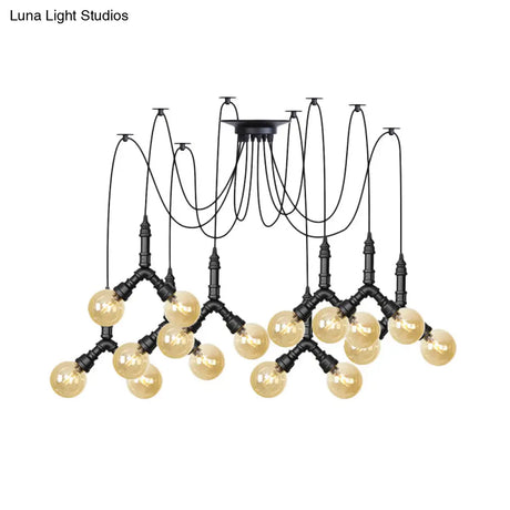 Industrial Swag Pendant Light - Amber Glass Globe Multiple Ceiling Lights Led Black Finish Perfect