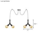 Industrial Swag Pendant Light - Amber Glass Globe Multiple Ceiling Lights Led Black Finish Perfect