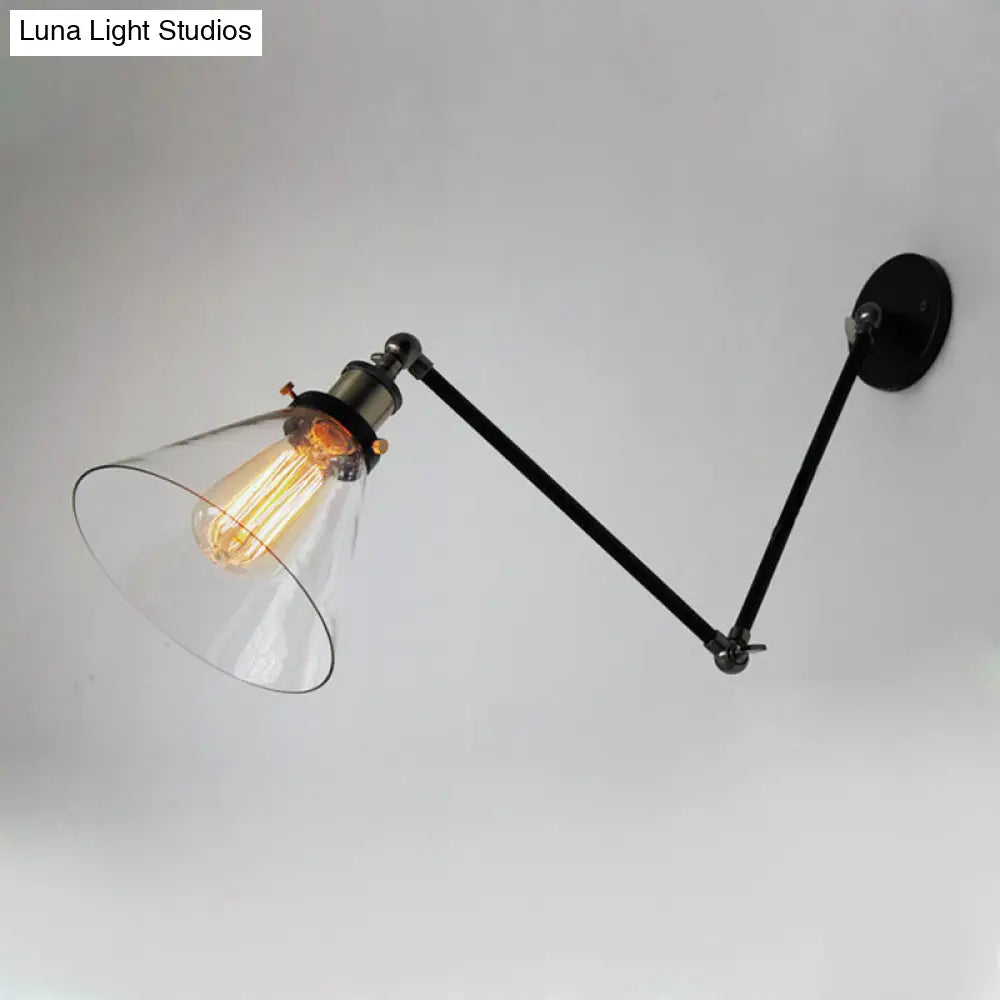Industrial Swing Arm Wall Lamp With Conical Glass Shade - Stylish Indoor Sconce Light