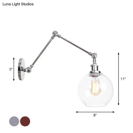 Industrial Swing Arm Wall Light With Clear Glass Conical/Bell/Global Shade In Chrome/Rust Finish