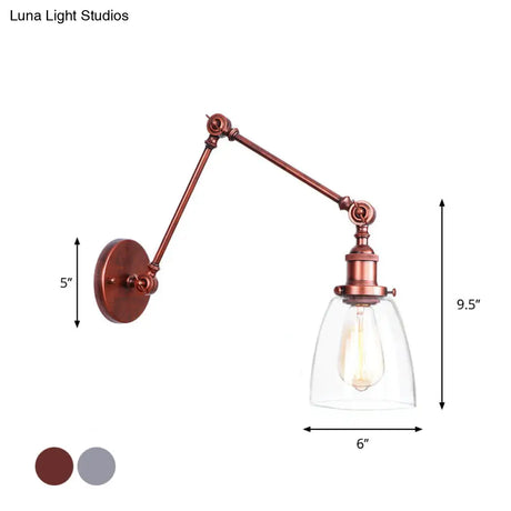 Industrial Swing Arm Wall Light With Clear Glass Conical/Bell/Global Shade In Chrome/Rust Finish
