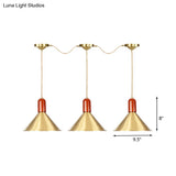 Industrial Tandem Pendant Ceiling Lamp - Conical Metallic Gold Finish 3/5/7 Lights