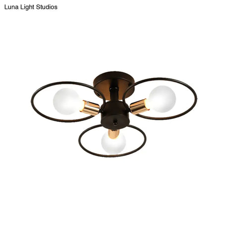 Industrial Triple Rings Semi Mount Ceiling Light Fixture – 3/6 Metal Lights In Black For Bedroom