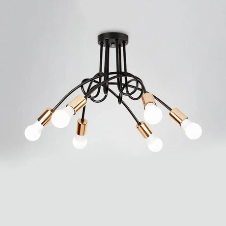 Industrial Twisted Metallic Semi-Flush Ceiling Light With Bare Bulb - Black 3/5 Lights For Hallway