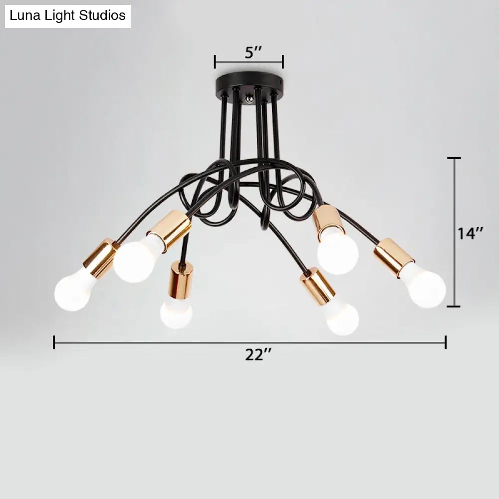 Industrial Twisted Metallic Semi-Flush Ceiling Light With Bare Bulb - Black 3/5 Lights For Hallway