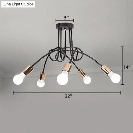 Industrial Twisted Metallic Semi-Flush Ceiling Light With Bare Bulb - Black 3/5 Lights For Hallway