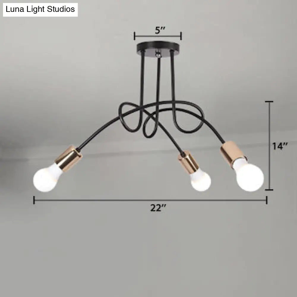 Industrial Twisted Metallic Semi-Flush Ceiling Light With Bare Bulb - Black 3/5 Lights For Hallway