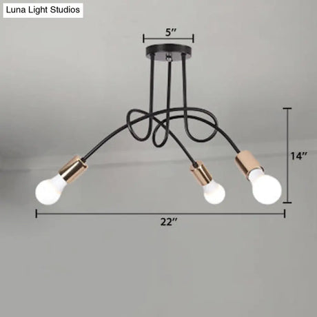 Industrial Twisted Metallic Semi-Flush Ceiling Light With Bare Bulb - Black 3/5 Lights For Hallway