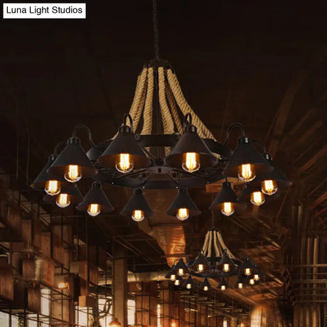 Industrial Vintage Large Chandelier With Rope And Metal Cone Shade - Perfect For Coffee Shop