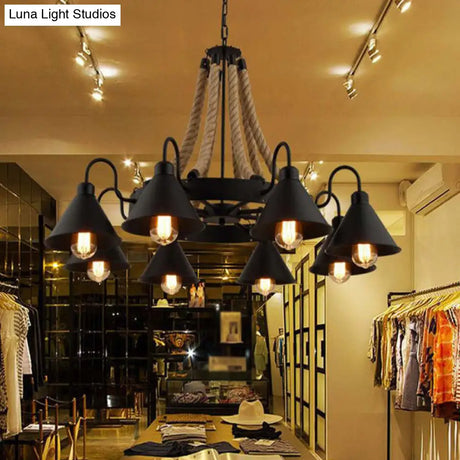 Industrial Vintage Large Chandelier With Rope And Metal Cone Shade - Perfect For Coffee Shop