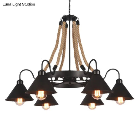 Industrial Vintage Large Chandelier With Rope And Metal Cone Shade - Perfect For Coffee Shop
