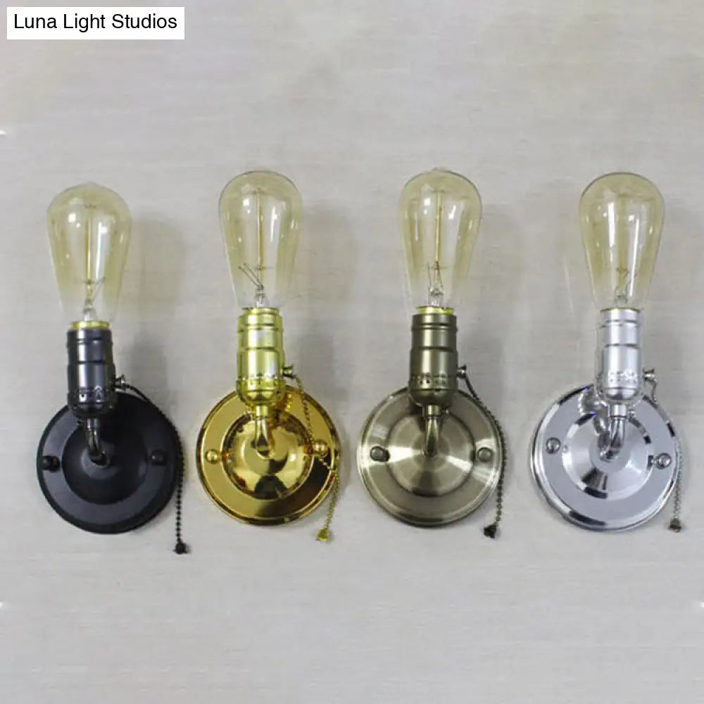 Industrial Vintage Open Bulb Wall Sconce With Pull Chain - Black/Silver Finish Ideal For Bedroom