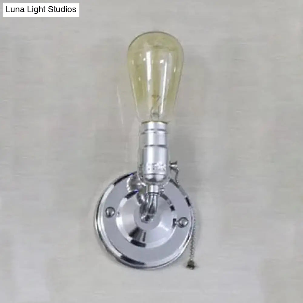 Industrial Vintage Open Bulb Wall Sconce With Pull Chain - Black/Silver Finish Ideal For Bedroom