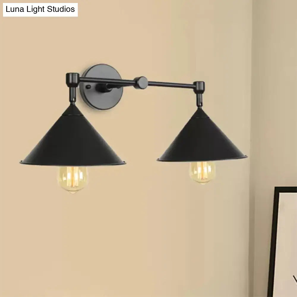 Industrial Vintage Wall Sconce With 2 Cone Lights - Metal Lamp For Restaurants In Black/Grey