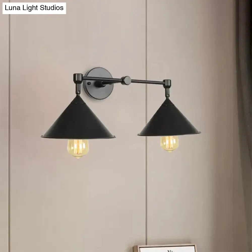 Industrial Vintage Wall Sconce With 2 Cone Lights - Metal Lamp For Restaurants In Black/Grey