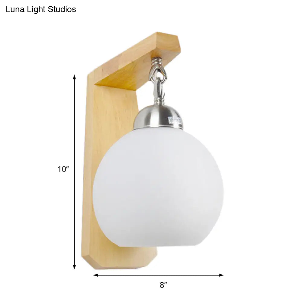 Industrial Wall Sconce With Opal Glass Globe Shade And Wood Backplate - Bedroom Lighting Fixture