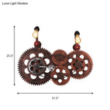 Industrial Weathered Copper Wall Sconce With Bare Bulb - Gear Design Wrought Iron 2 Lights