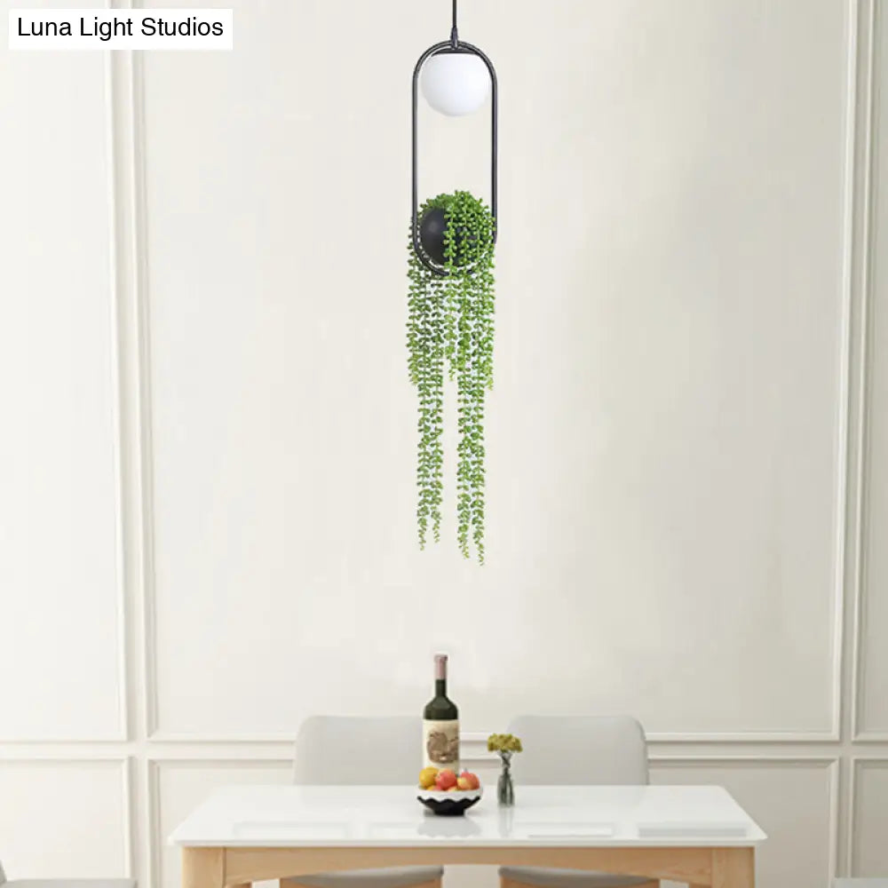 Industrial White Glass Bedroom Pendant Lamp With Spherical Design And Black Cage