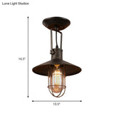 Industrial Wide Flare Semi Flush Mount Lamp In Rust With Cage And Handle