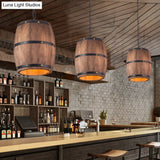 Industrial Wood Barrel Pendant Light In Brown - Creative Hanging Fixture