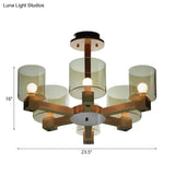 Industrial Wood Cylinder Chandelier With Radial Design - 4/6/8 Lights Amber Glass Hanging Pendant