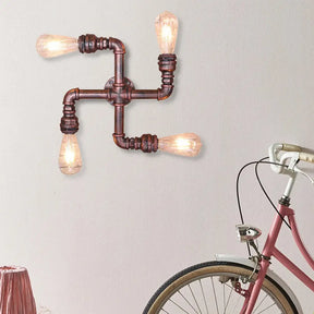Industrial Wrought Iron Sconce Lamp With Exposed Bulb - Antique Copper Finish 4 Lights Perfect For