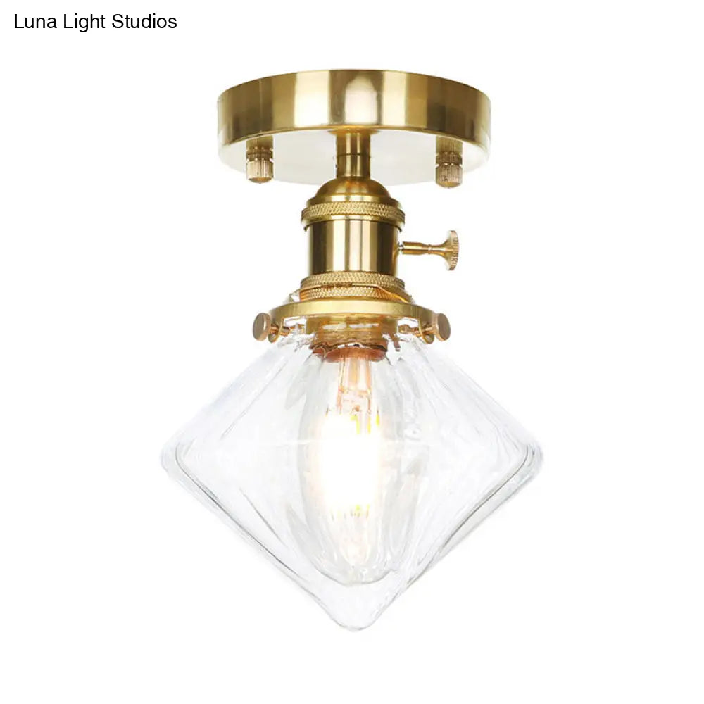 Industrially Styled Gem Shade Semi Flush Light For Living Rooms With Prismatic Glass And