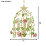 Iron Beige Birdcage Chandelier With Rose Vine And 3-Light Countryside Fixture