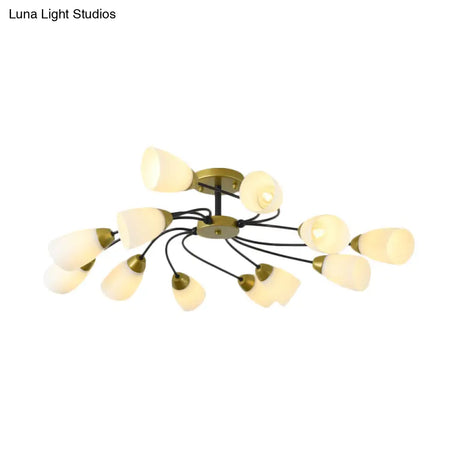 Iron Black/Gold Ceiling Spiral Semi Flush Mount Light With Tapered White Glass Shade - 9/12-Head