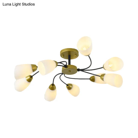 Iron Black/Gold Ceiling Spiral Semi Flush Mount Light With Tapered White Glass Shade - 9/12-Head