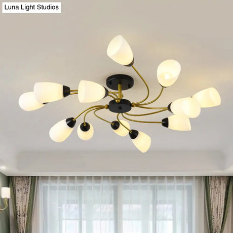 Iron Black/Gold Ceiling Spiral Semi Flush Mount Light With Tapered White Glass Shade - 9/12-Head