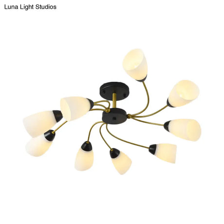 Iron Black/Gold Ceiling Spiral Semi Flush Mount Light With Tapered White Glass Shade - 9/12-Head