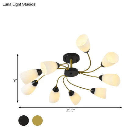 Iron Black/Gold Ceiling Spiral Semi Flush Mount Light With Tapered White Glass Shade - 9/12-Head