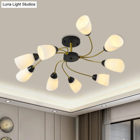 Iron Black/Gold Ceiling Spiral Semi Flush Mount Light With Tapered White Glass Shade - 9/12-Head